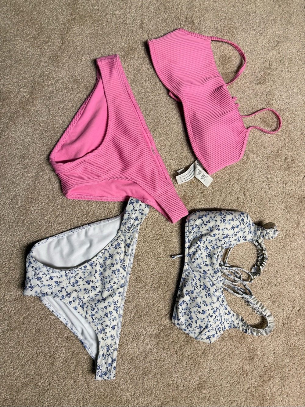 2 Hollister Bikini Sets - Pink Ribbed Bikini Set + Blue Floral Bikini Set